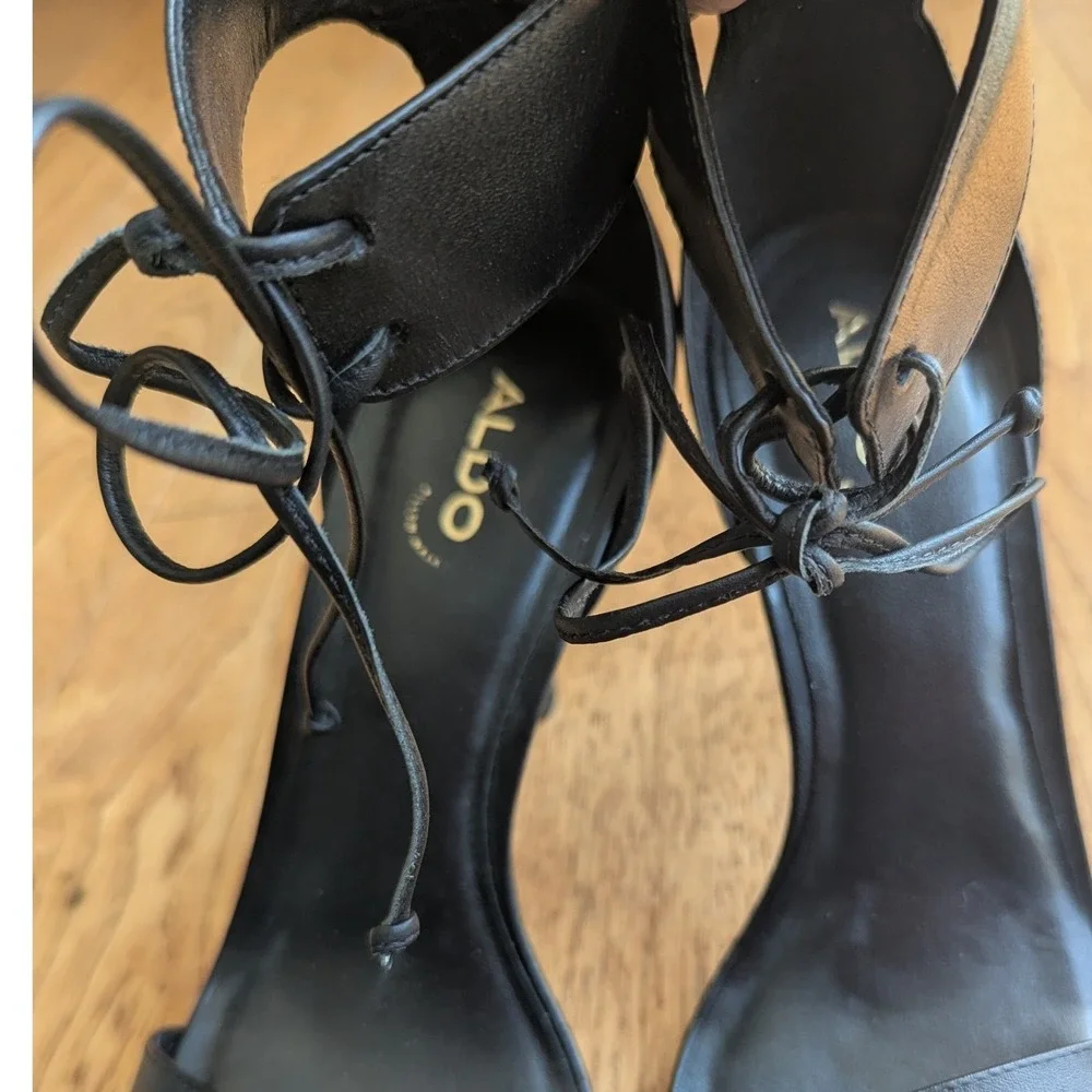 Aldo Stiletto Sandals Black Lace Up Square Toe‎ Womens 9 Strappy Night Out Chic